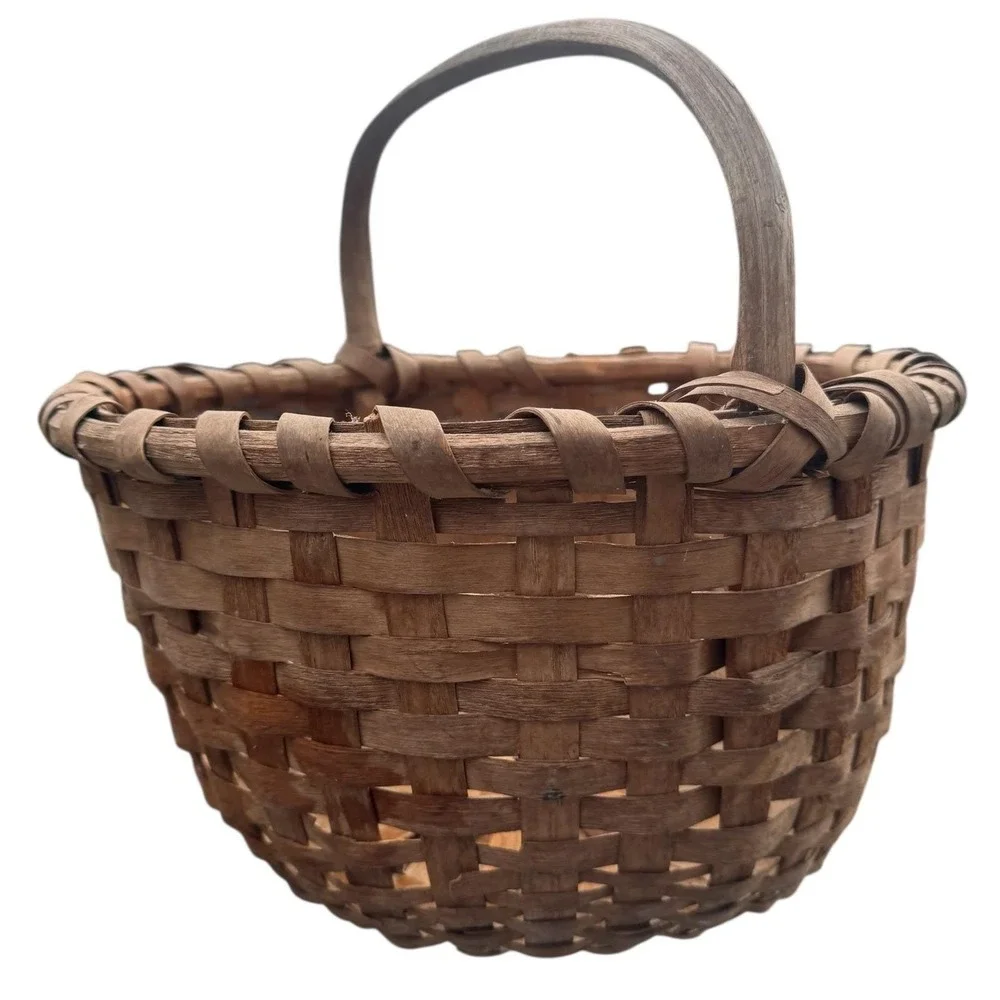 Vintage‎ Primitive Hand Woven Splint Wood Gathering Basket Fixed Handle Brown